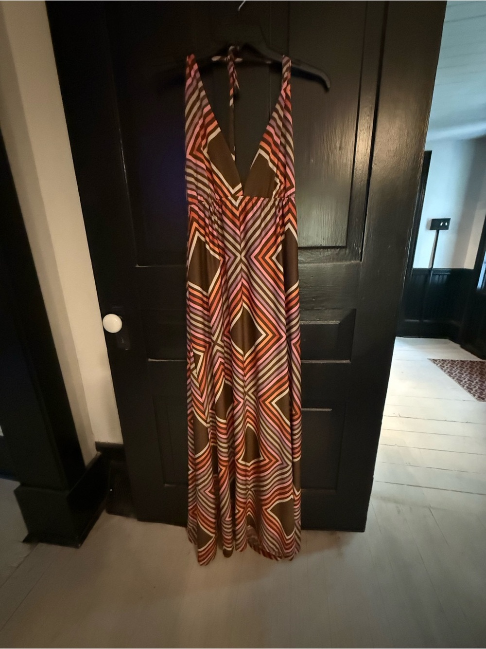 JB by Julie Brown Brown Geometric Halter Maxi Dress with Pink and Orange Accents